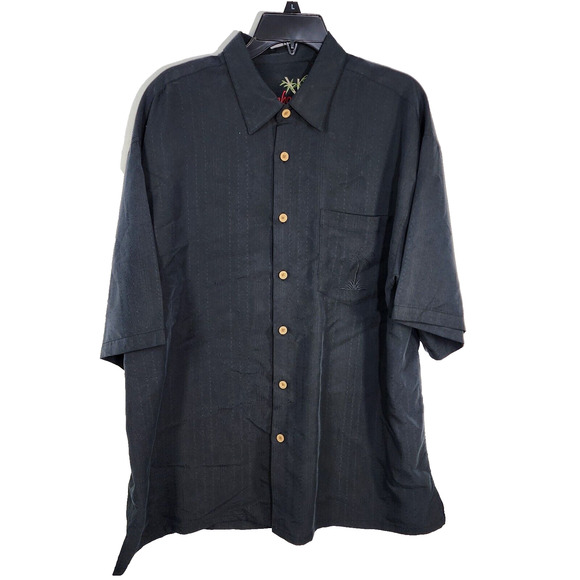 Bamboo Cay Mens Shirt XL Black Hawaiian Short Sleeve Embroidered Palm Tree Camp - Picture 1 of 13